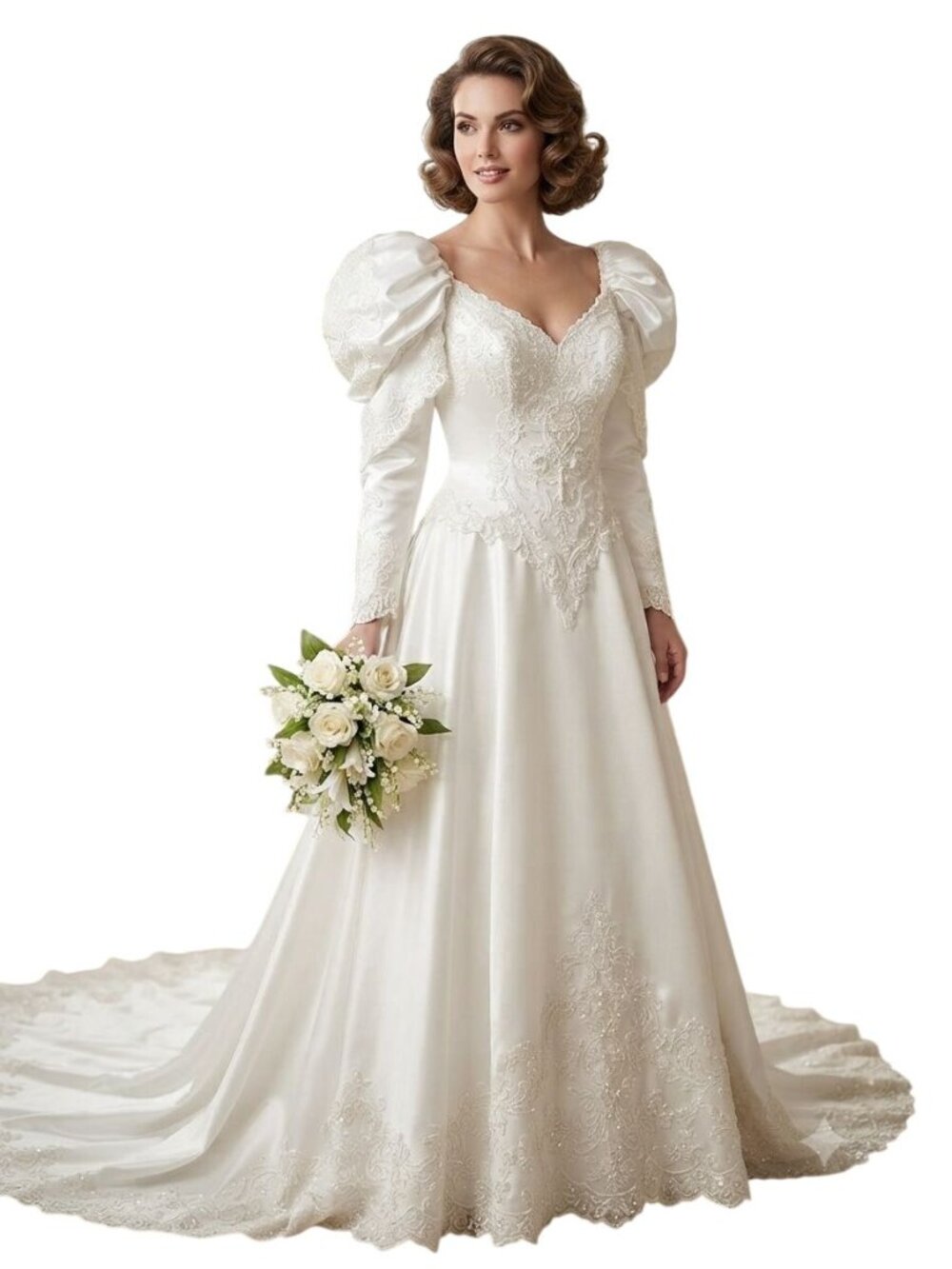 Vintage 80's 90's Beaded Sequined Puff Sleeve Ornate Wedding Gown Size 10
